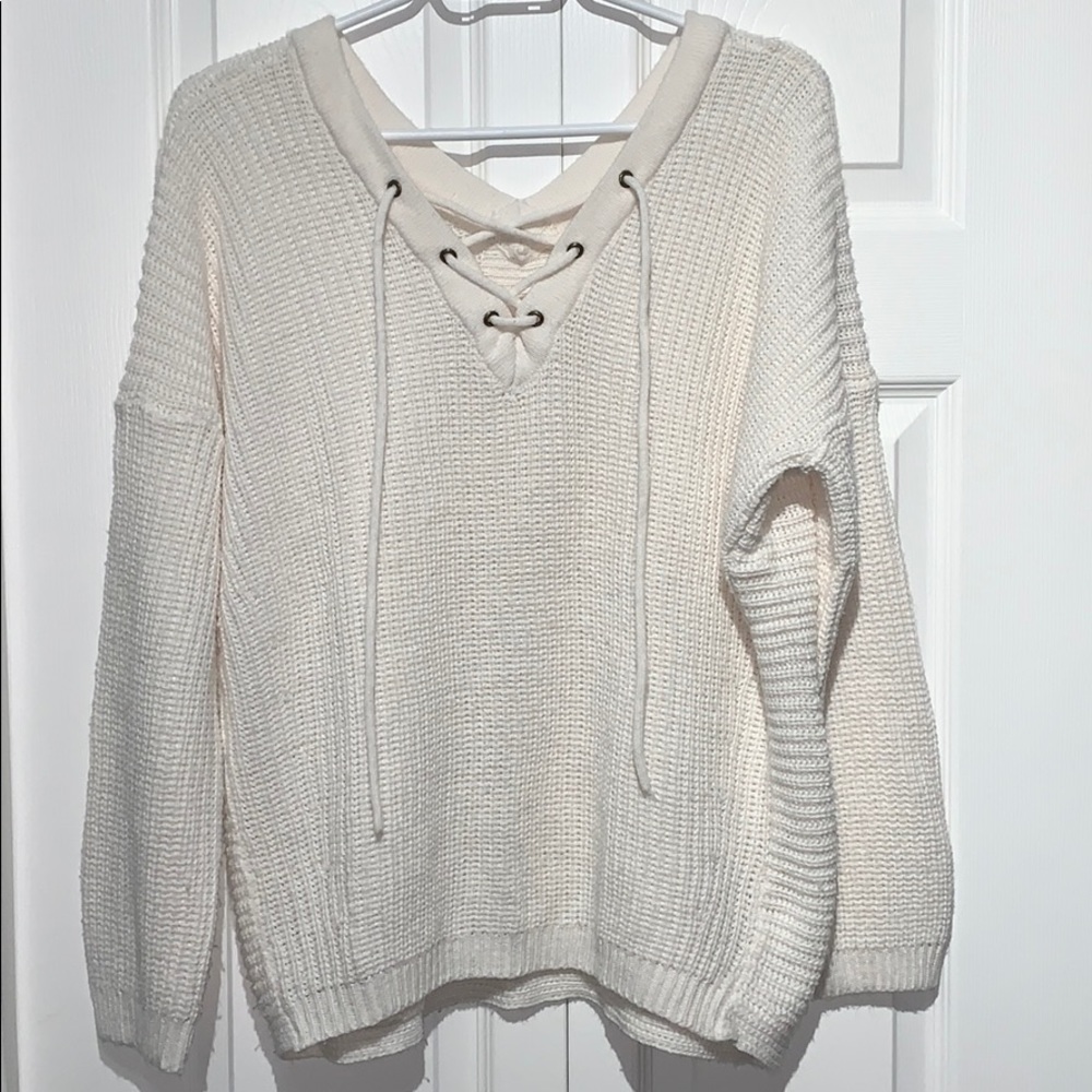 White Lace up Knit sweater